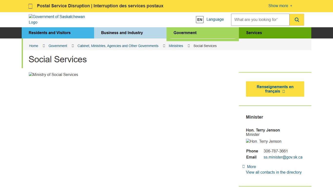 Ministry of Social Services Ministries Government of Saskatchewan
