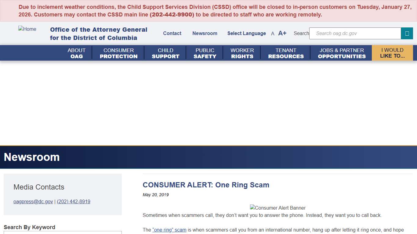 CONSUMER ALERT: One Ring Scam Attorney General Brian Schwalb