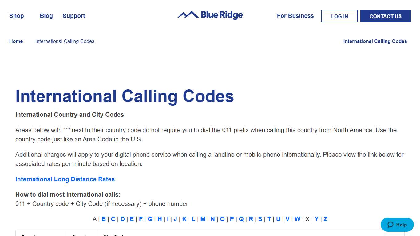 International Calling Codes & Phone Numbers Blue Ridge