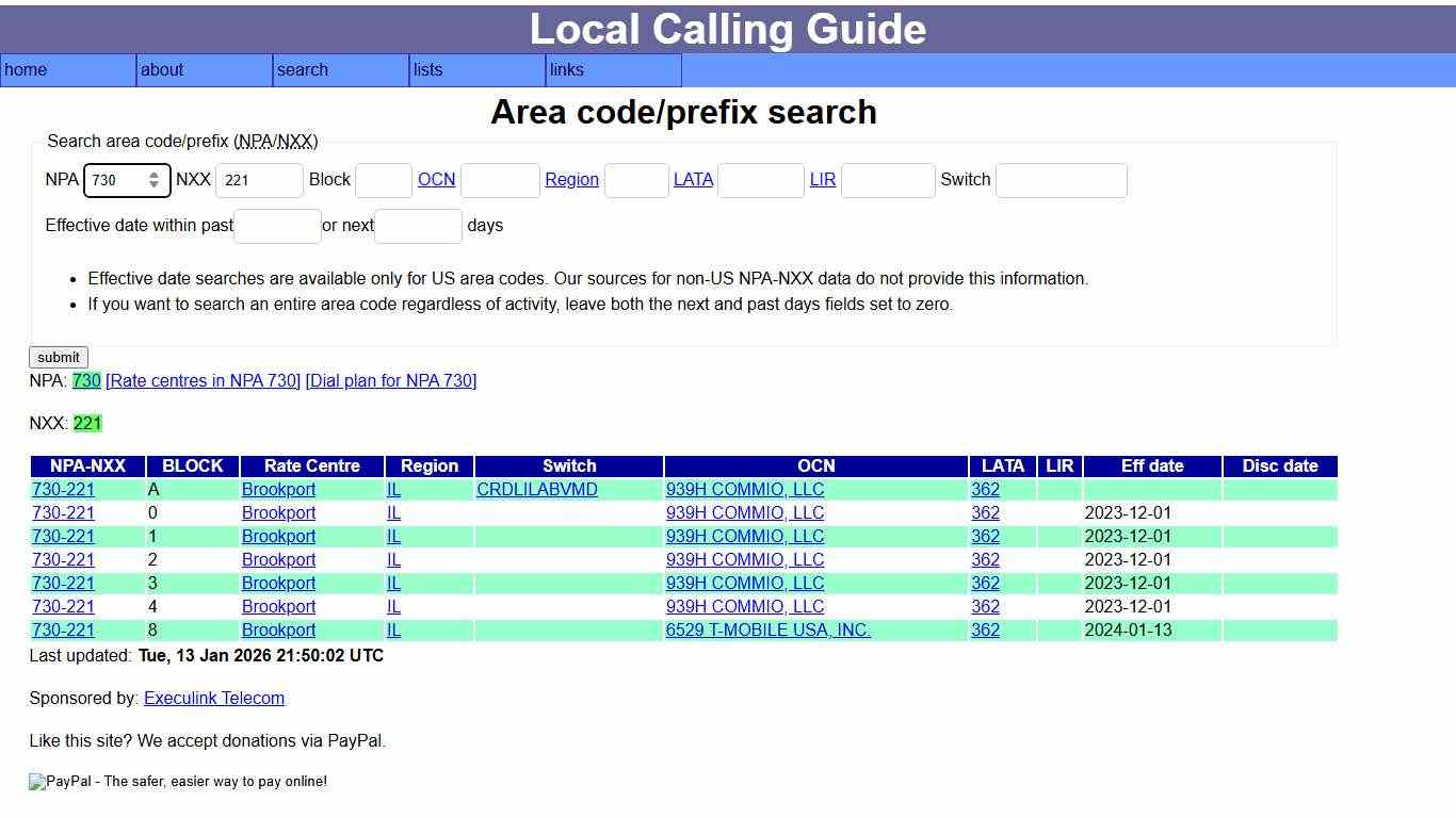 Local calling guide: NPA-NXX search